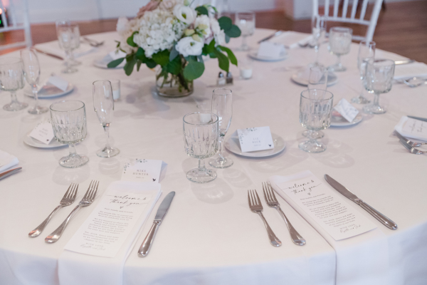 White table setting in the reception room at The Grandview